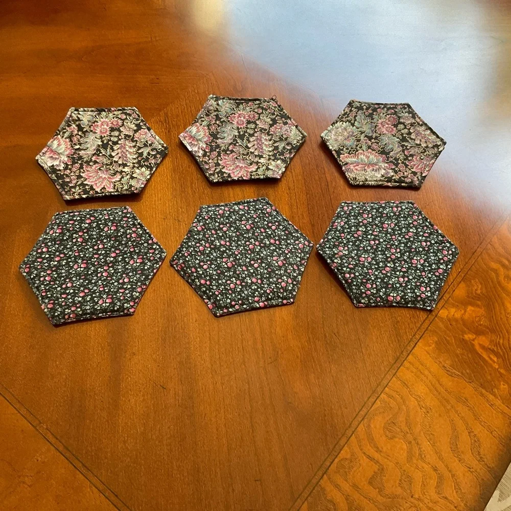 Hand Quilted Floral Hexagon Coasters Two Sided Designs, Set of Six, GORGEOUS NEW